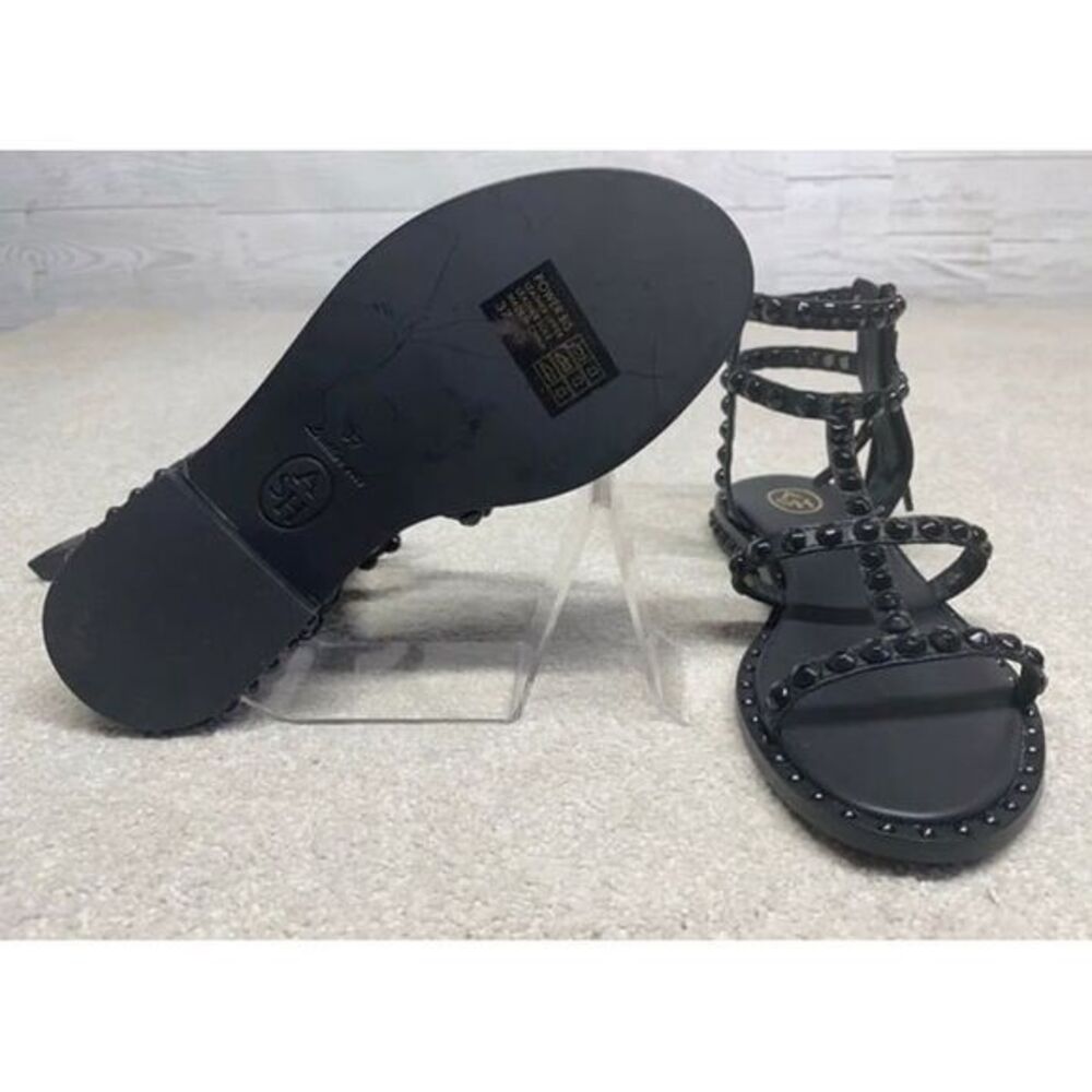 ASH Size 6.5 Black Studded Power Bis Flat Leather Sole Sandal NWT